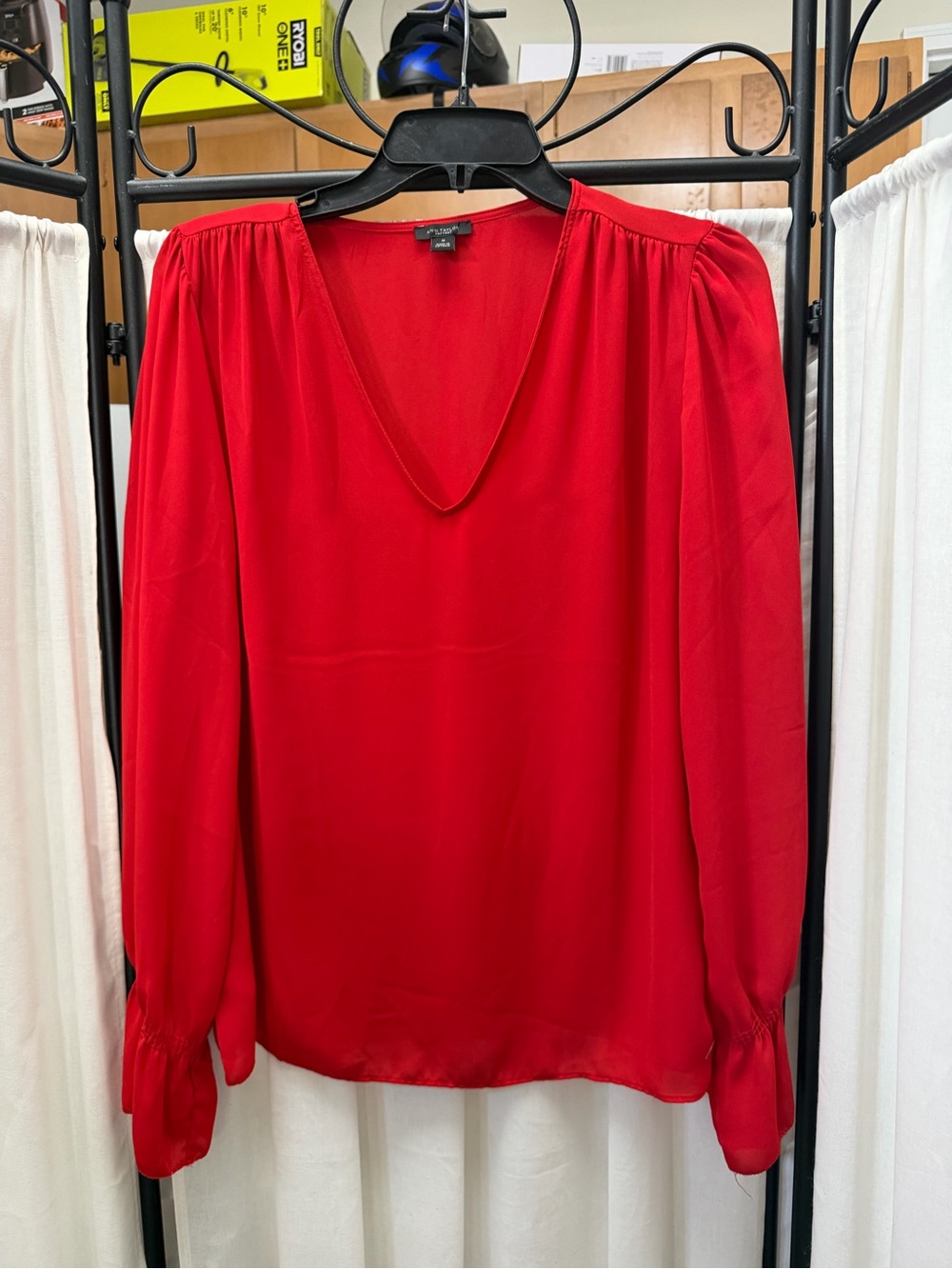 Ann Taylor Bright Red V-Neck Long Sleeve Blouse